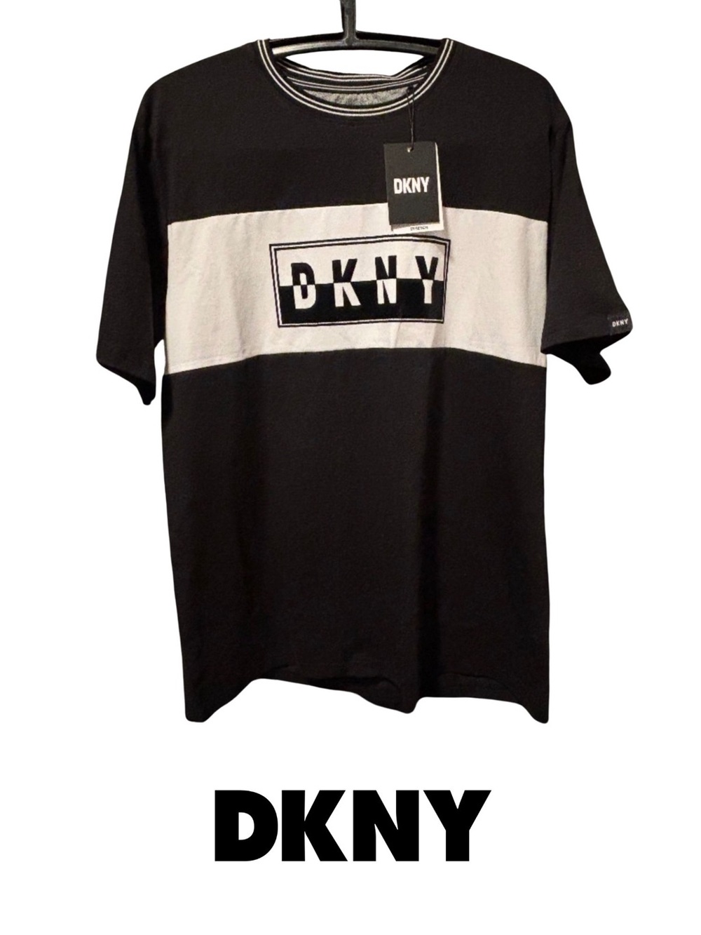 DKNY Men’s Black & White T-Shirt with Velvet Accent Logo Graphic